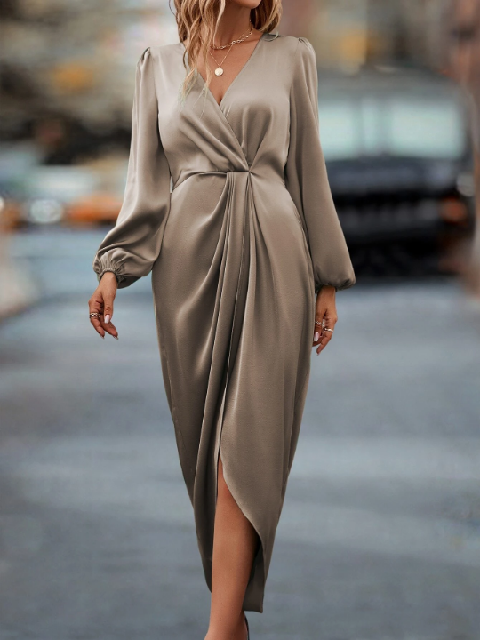 Lantern Sleeve Twist Front Wrap Hem Satin Dress