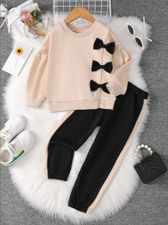 Kids EVRYDAY Toddler Girls Bow Front Drop Shoulder Pullover & Contrast Side Seam Sweatpants