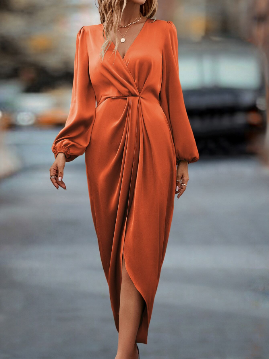 Lantern Sleeve Twist Front Wrap Hem Satin Dress