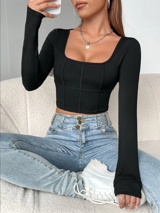 EZwear Spring Black TopSquare Neck Crop Tee