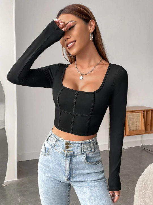 EZwear Spring Black TopSquare Neck Crop Tee