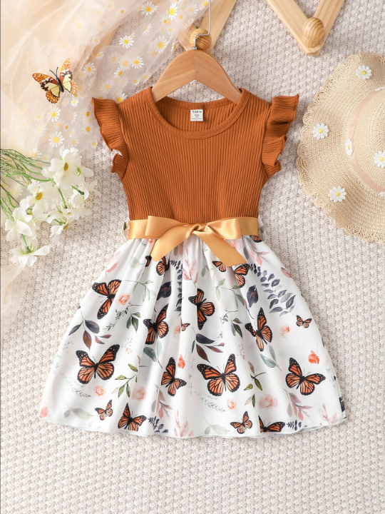 Kids SUNSHNE Toddler Girls Butterfly Print Butterfly Sleeve Belted Dress