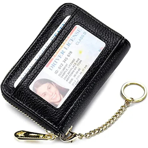 RFID Credit Card Holder Wallet With Keychain & ID Window Small Leather Zipper Card Case For Men And Women