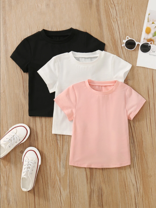 SHEIN Kids EVRYDAY Young Girl 3pcs Solid Round Neck Tee