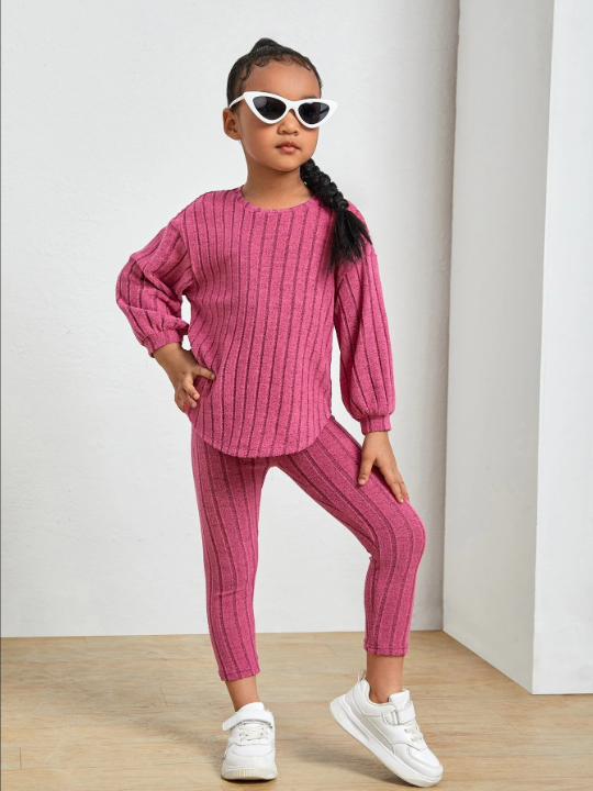 SHEIN Kids Cooltwn Young Girl Rib-Knit Drop Shoulder Curved Hem Tee & Leggings