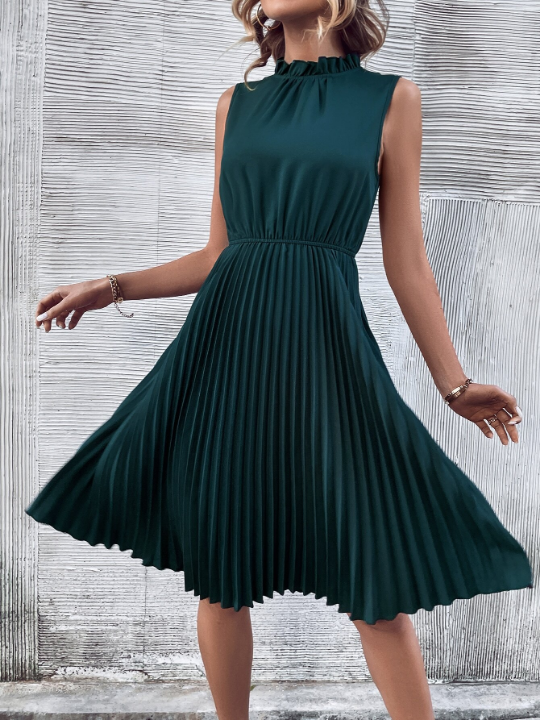 LUNE Solid Pleated Hem Mock Neck Dress