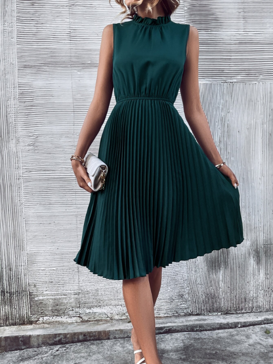 LUNE Solid Pleated Hem Mock Neck Dress