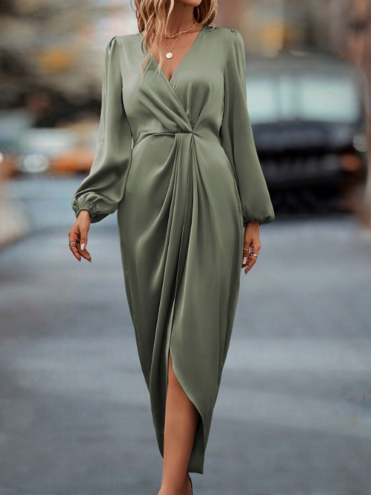 Privé Lantern Sleeve Twist Front Wrap Hem Satin Dress