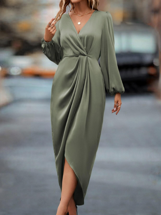 Privé Lantern Sleeve Twist Front Wrap Hem Satin Dress