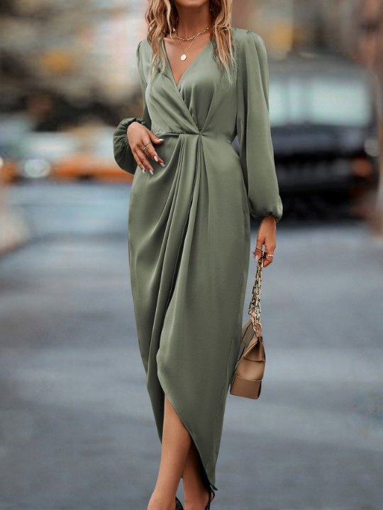 Privé Lantern Sleeve Twist Front Wrap Hem Satin Dress