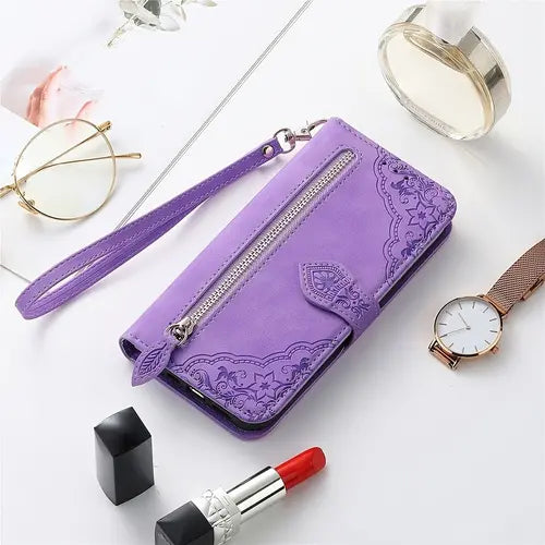 Flower Leather Phone Case With Zipper Lanyard Storage Bag &Flip Fashion Wallet For Samsung Galaxy Note 20 S20 S21 S22 Plus Ultra S20 S21 FE