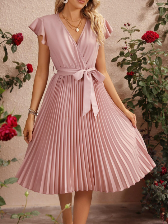 VCAY Butterfly Sleeve Pleated Hem Dress