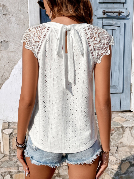 Frenchy Guipure Lace Insert Tie Back Blouse