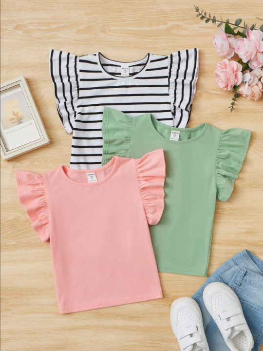 SHEIN Young Girl 3pcs Striped Ruffle Trim Tee