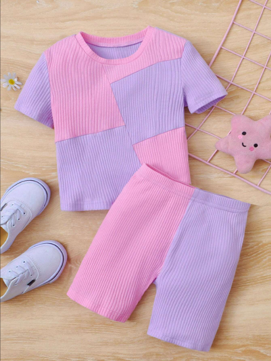 Kids EVRYDAY Young Girl Two Tone Rib Knit Tee & Shorts