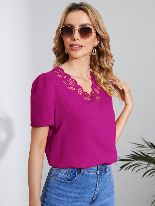 Clasi Solid Scallop Trim Cut Out Blouse