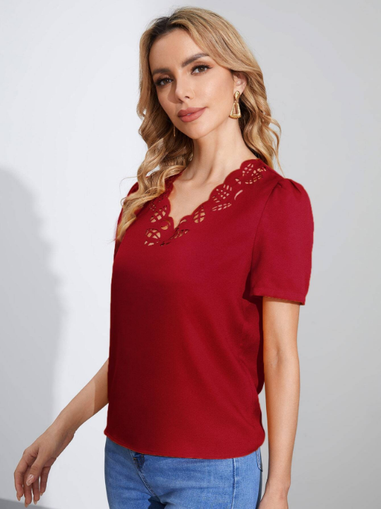 Clasi Solid Scallop Trim Cut Out Blouse