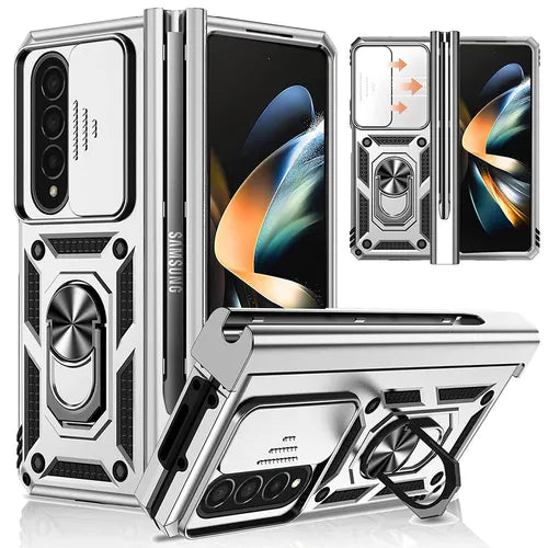 Hinged Case With S Pen Holder For Samsung Galaxy Z Fold 4 With Slide Camera Cover Rotate Ring Holder Rugged Shockproof Protective