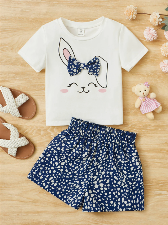 SHEIN Young Girl Cartoon Graphic Bow Front Tee & Dalmatian Print Shorts