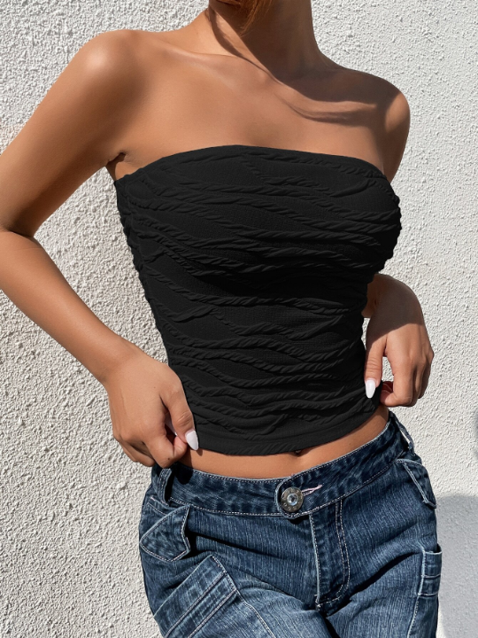 EZwear Black Solid Textured Knit Tube Top