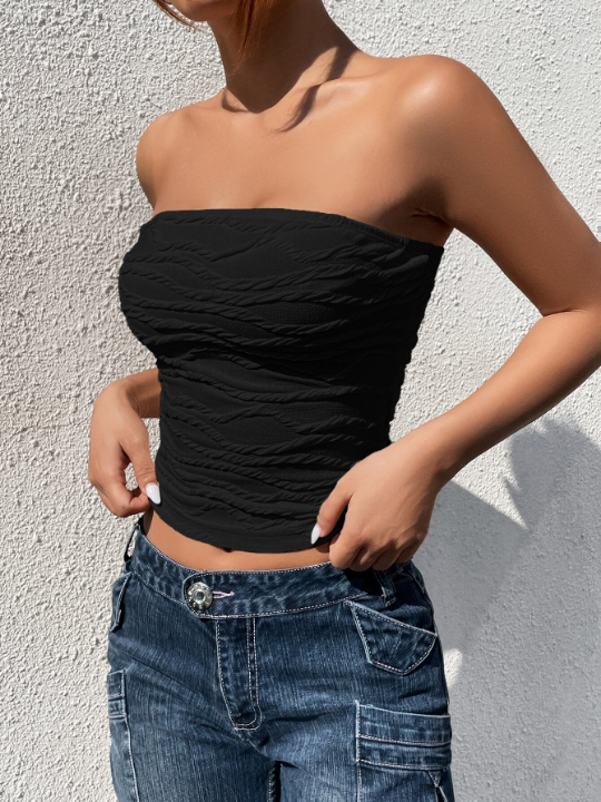 EZwear Black Solid Textured Knit Tube Top