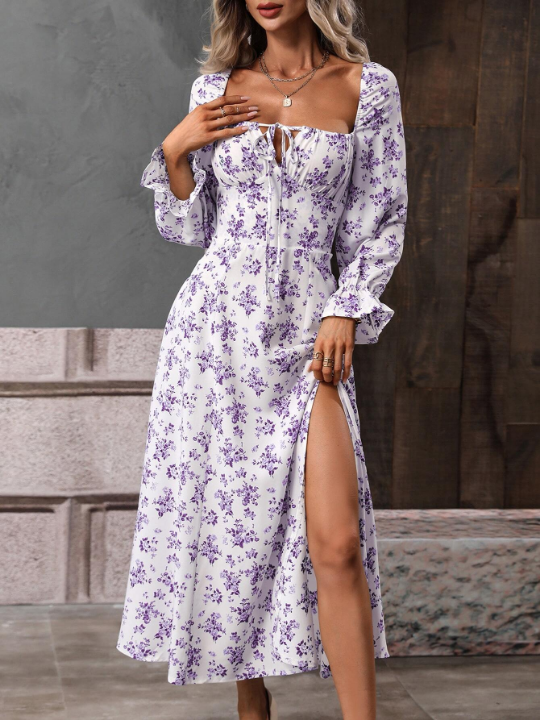 VCAY Allover Floral Print Flounce Sleeve Knot Front Split Thigh Dress