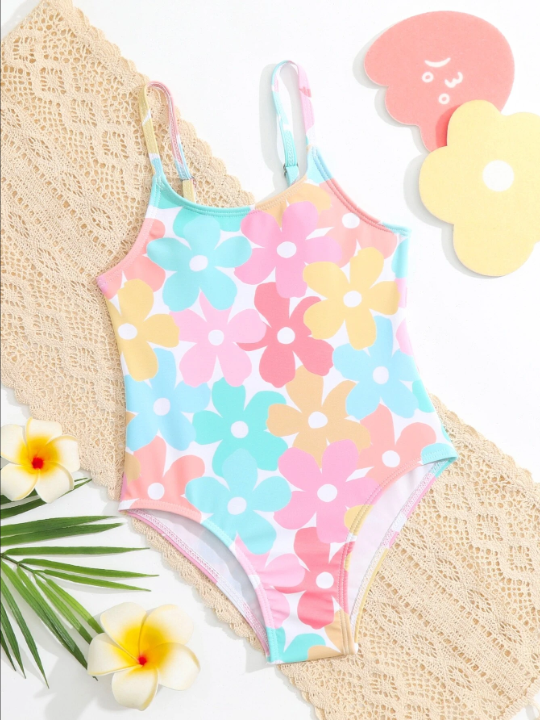 Young Girl Toddle One Piece Swimsuit With Cute Flower Design, Random Print, Adjustable Straps For Summer