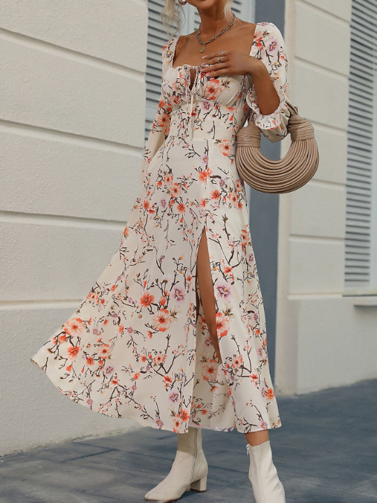 VCAY Floral Print Knot Front Split Thigh Dress