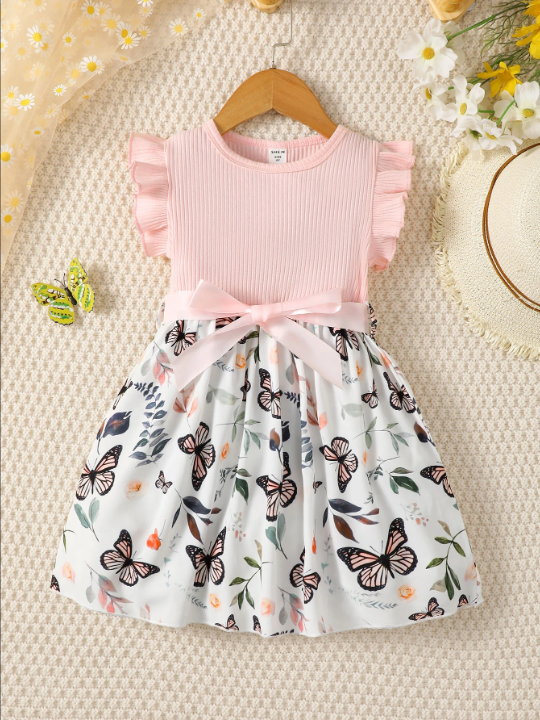 Kids SUNSHNE Young Girl Butterfly Print Butterfly Sleeve Belted Dress