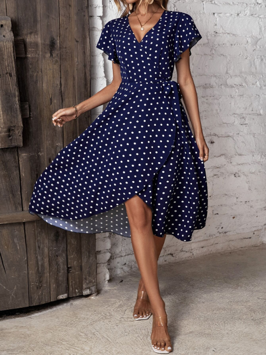 VCAY Polka Dot Print Butterfly Sleeve Knot Side Wrap Dress