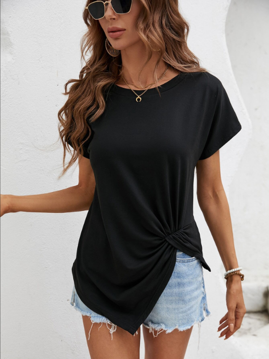 LUNE Women's Short Sleeve T-Shirt With Round Neck, Knot Detail, Split Hem For Summer Casual Look