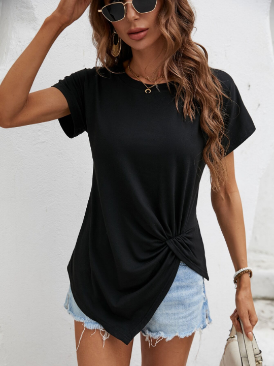 LUNE Women's Short Sleeve T-Shirt With Round Neck, Knot Detail, Split Hem For Summer Casual Look