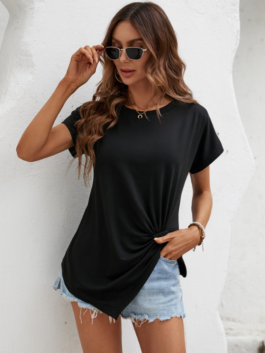 LUNE Women's Short Sleeve T-Shirt With Round Neck, Knot Detail, Split Hem For Summer Casual Look