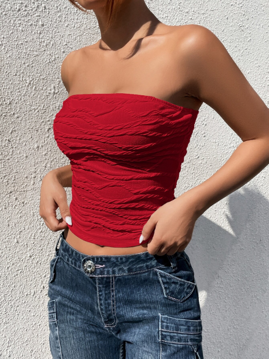 EZwear Summer Solid Cherry Red Textured Tube Slim Fit Top