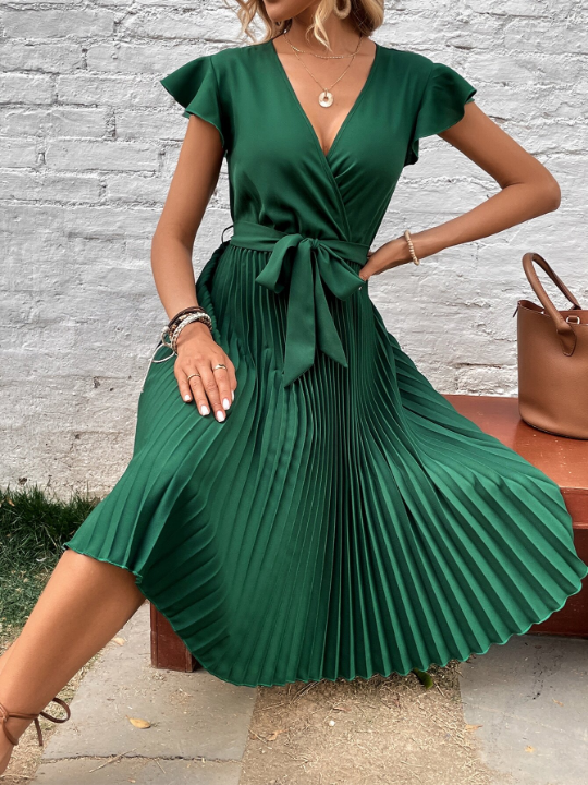 VCAY Surplice Neck Butterfly Sleeve Pleated Hem Belted Dress