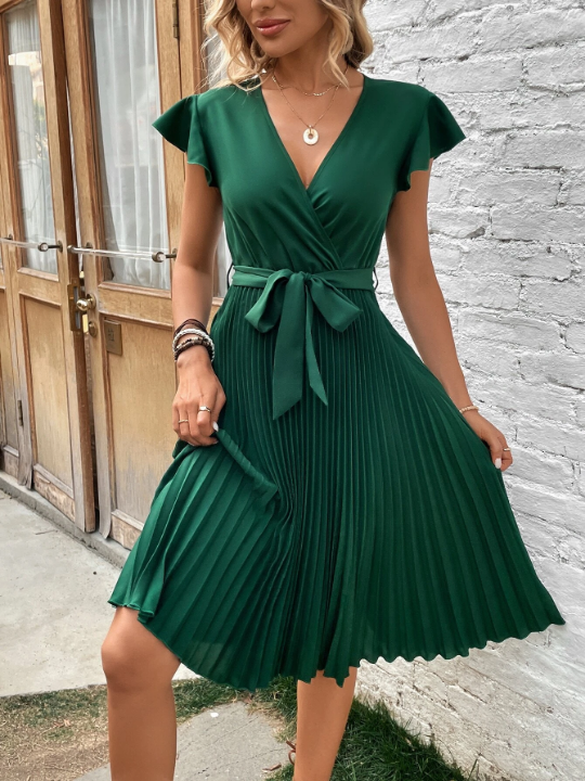 VCAY Surplice Neck Butterfly Sleeve Pleated Hem Belted Dress