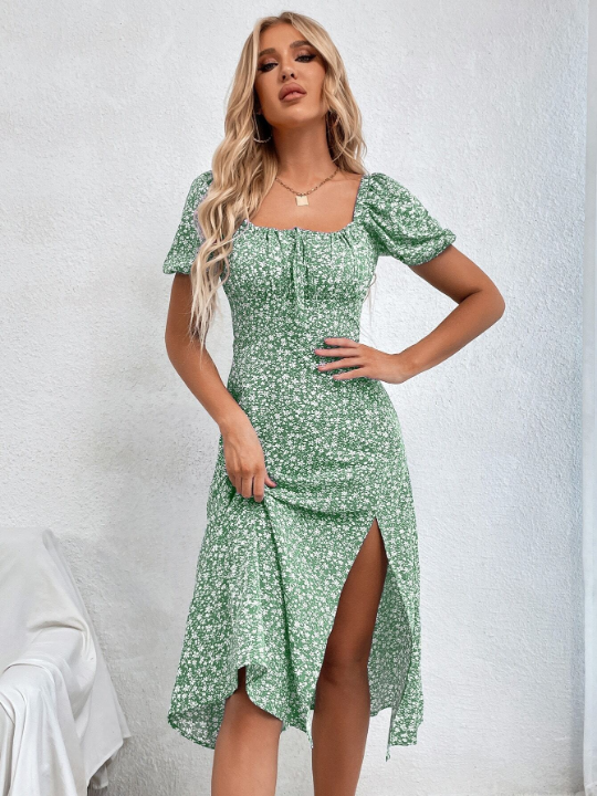 VCAY Ditsy Floral Print Knot Front Split Thigh Dress