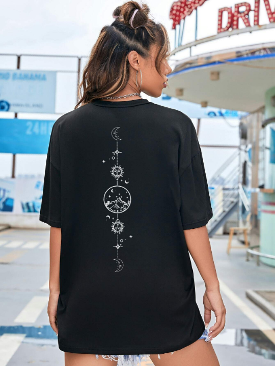 Moon And Sun Graphic Drop Shoulder Tee