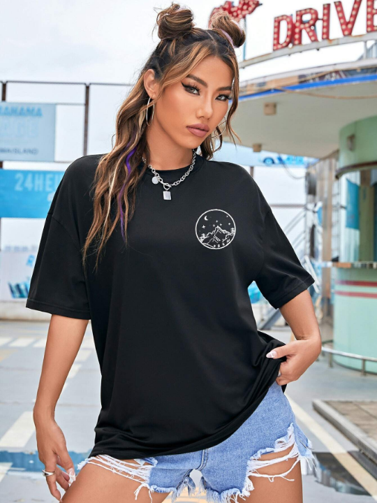 Moon And Sun Graphic Drop Shoulder Tee