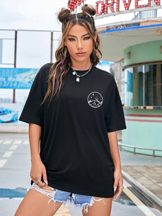 Moon And Sun Graphic Drop Shoulder Tee