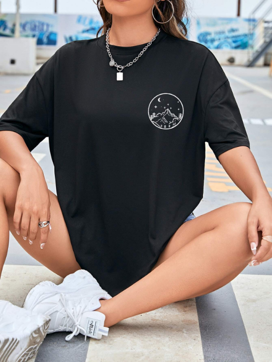 Moon And Sun Graphic Drop Shoulder Tee