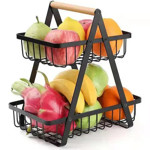 1pc 2-Tier Detachable Metal Storage Basket For Countertop, Standing Bread Fruit Vegetable Organizers Holder With Wooden Handle, Kitchen Accessories