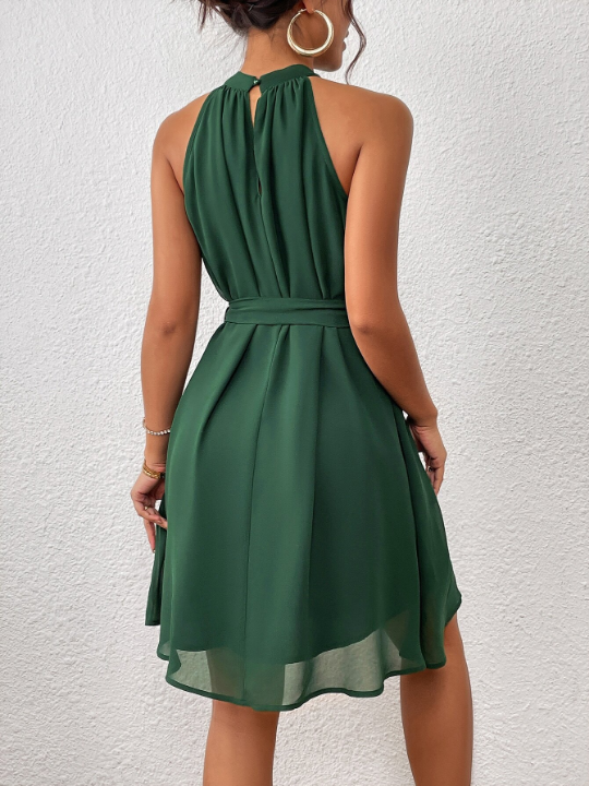 Priv Solid Belted Halter Dress