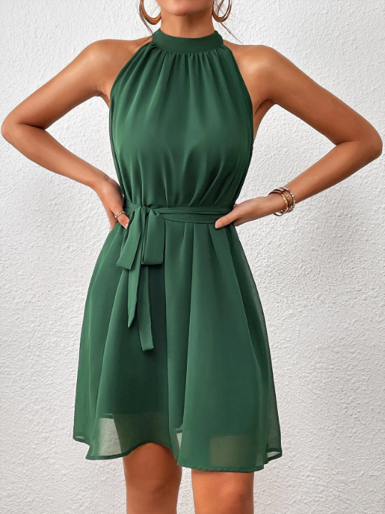 Priv Solid Belted Halter Dress