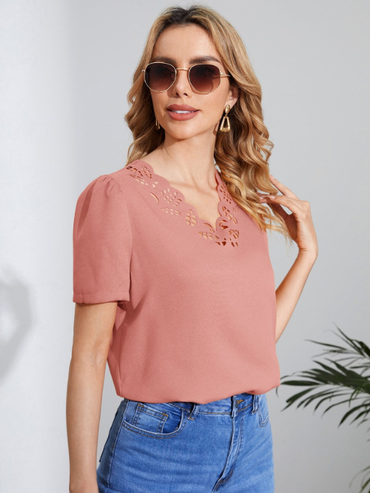 Clasi Laser Cut Out Puff Sleeve Blouse