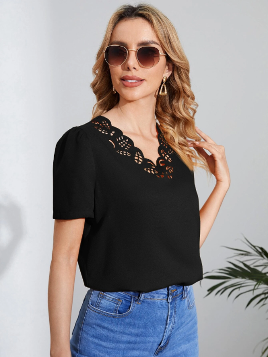 Clasi Laser Cut Out Scallop Trim Puff Sleeve Blouse