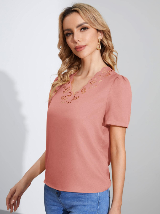 Clasi Laser Cut Out Puff Sleeve Blouse