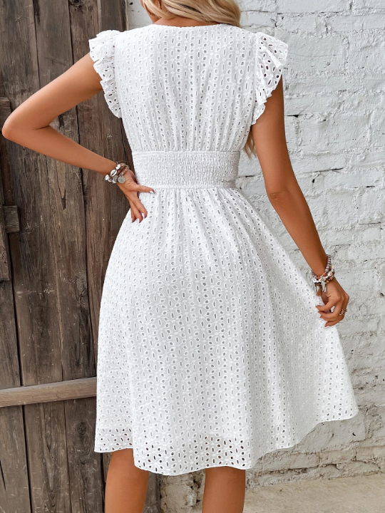 VCAY Eyelet Embroidery Ruffle Trim Dress