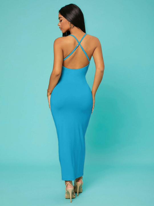 SXY Solid Criss Cross Backless Bodycon Dress