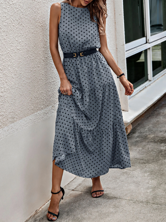 LUNE Polka Dot Print Ruffle Hem Dress Without Belt